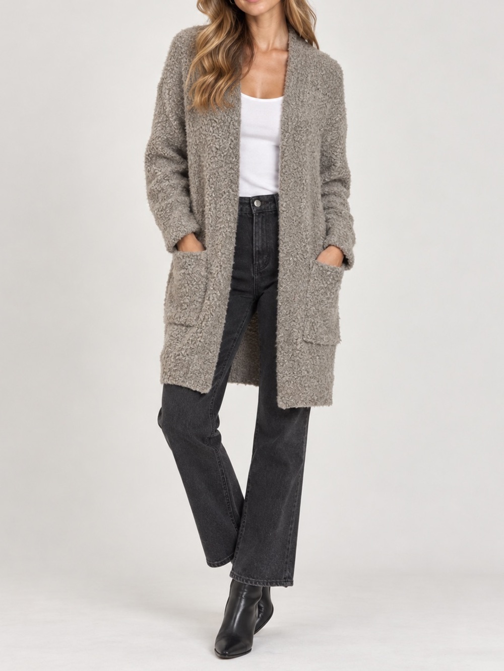 Debut Boucle Fuzzy Longline Cardigan Sweater Pockets Duster Grey Tan M/L